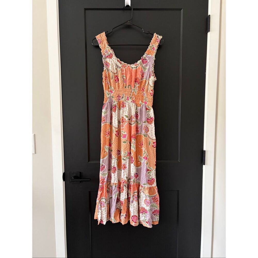 Patrons of Peace Floral Paisley Midi Dress Ruffle Ruched Waist Peach Size Small